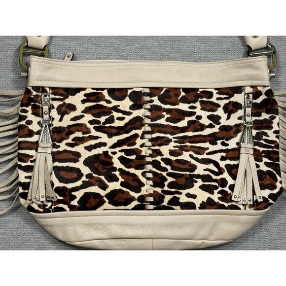 B. Makowsky Calf Hair Leather Leopard Print Handbag With Tassels Fringe Purse - Picture 3 of 10